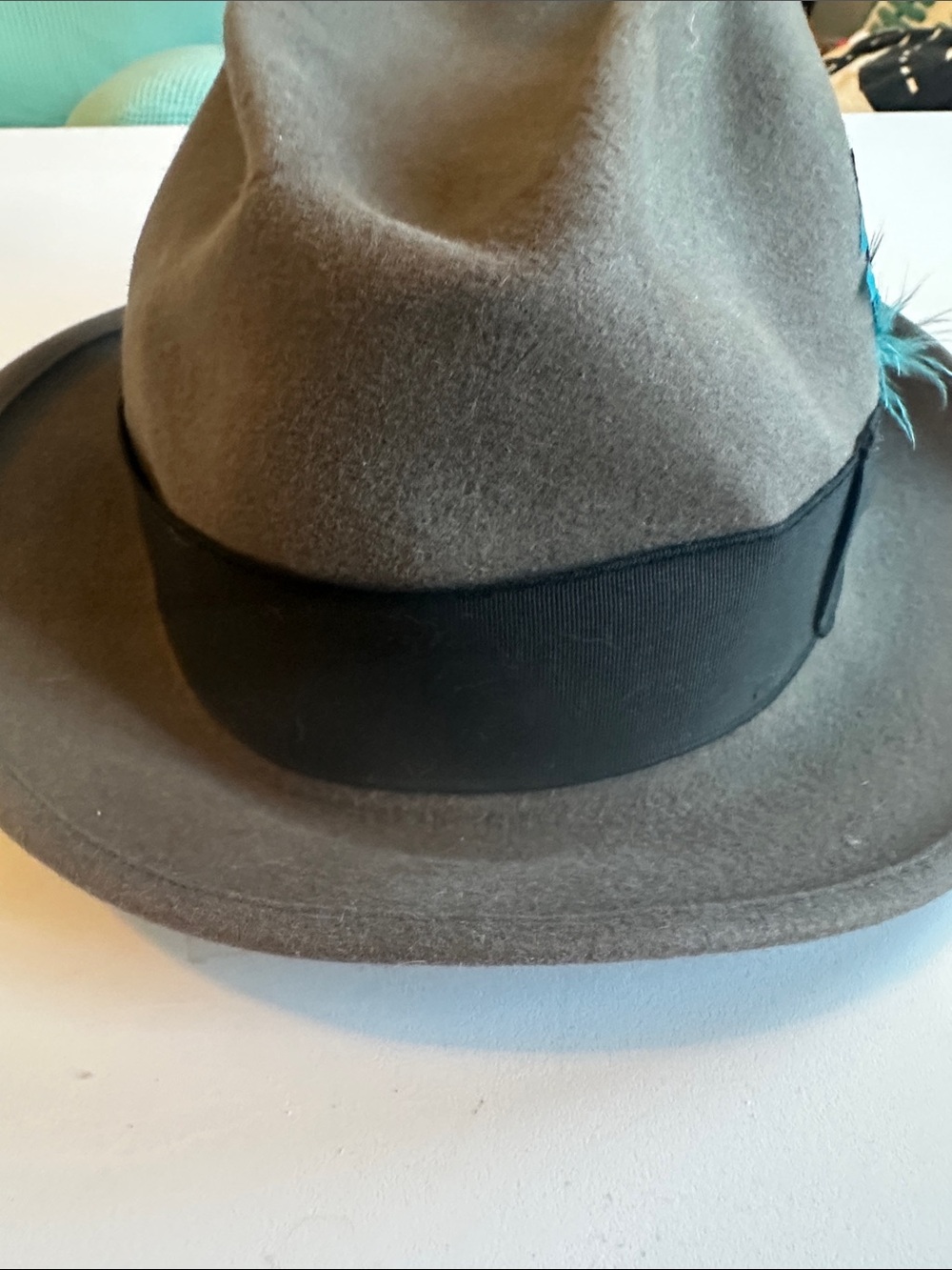 Gray Felt Fedora with Black Band and Teal Feather Accent